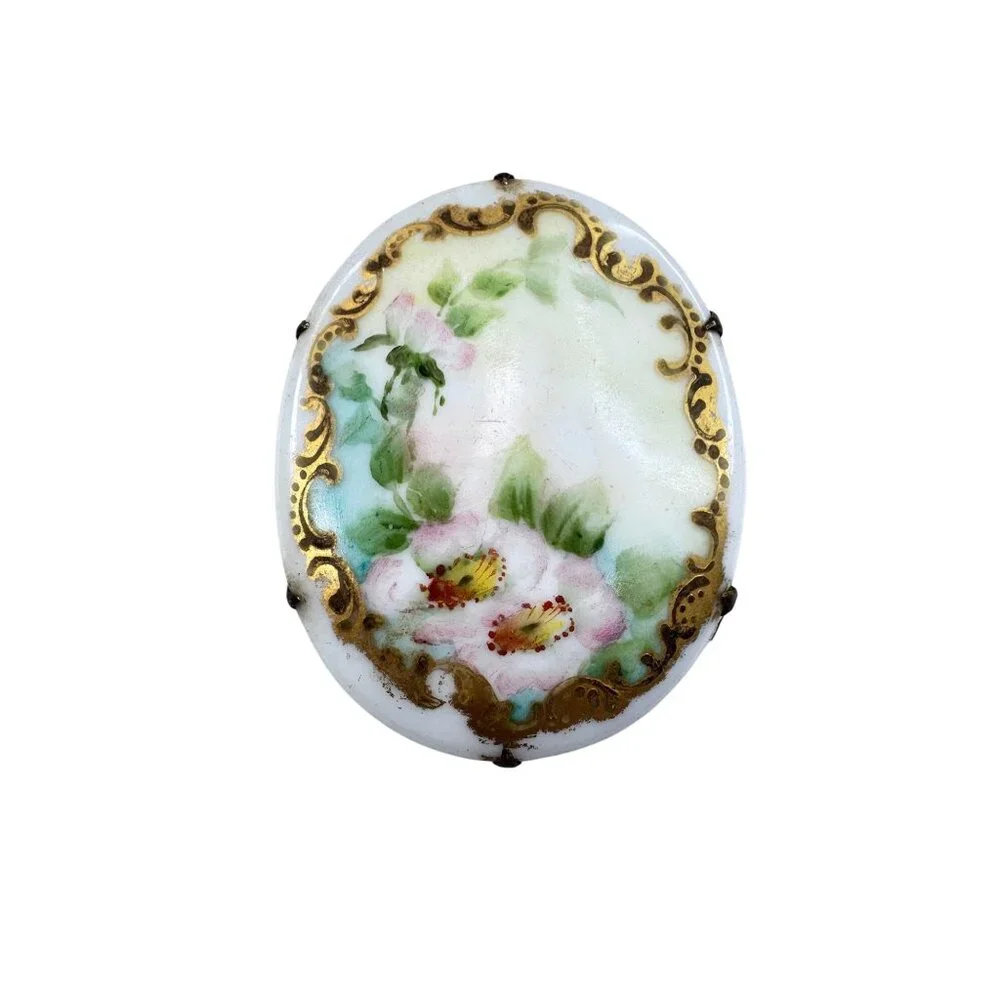 Unsigned Hand Painted Porcelain Brooch Floral Gold Scroll Victorian Antique